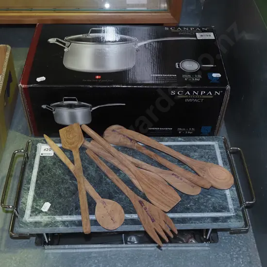 white spirit marble heated serving tray, wooden cutlery, boxed as new Scan Pan saucepan