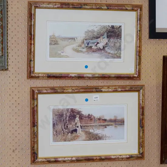 2x framed prints - garden seat, river scene - blue dots