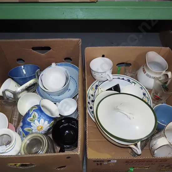 2 boxes; lidded casseroles, vases, jugs etc - black dots