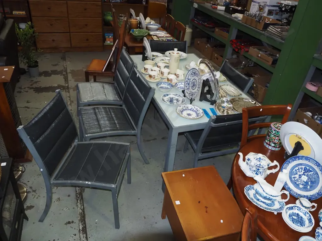 glass and alloy outdoor table with 6 upholstered chairs - chairs need a clean and are faded H715 W510 D880 Image 1++