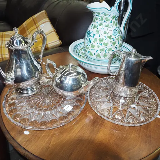 2x footed crystal trays, plated teapots, coffee pots