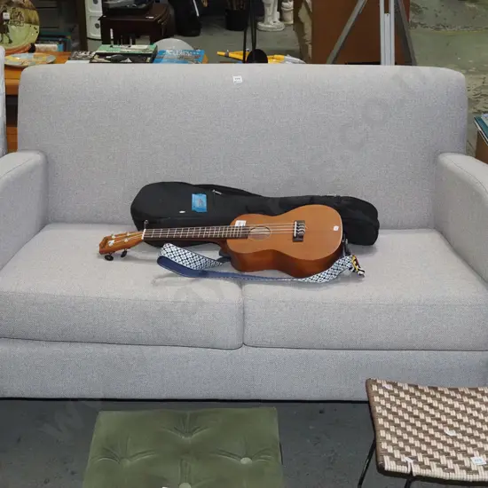 small taupe upholstered 2 seater settee - very good condition H820 W1360 D750