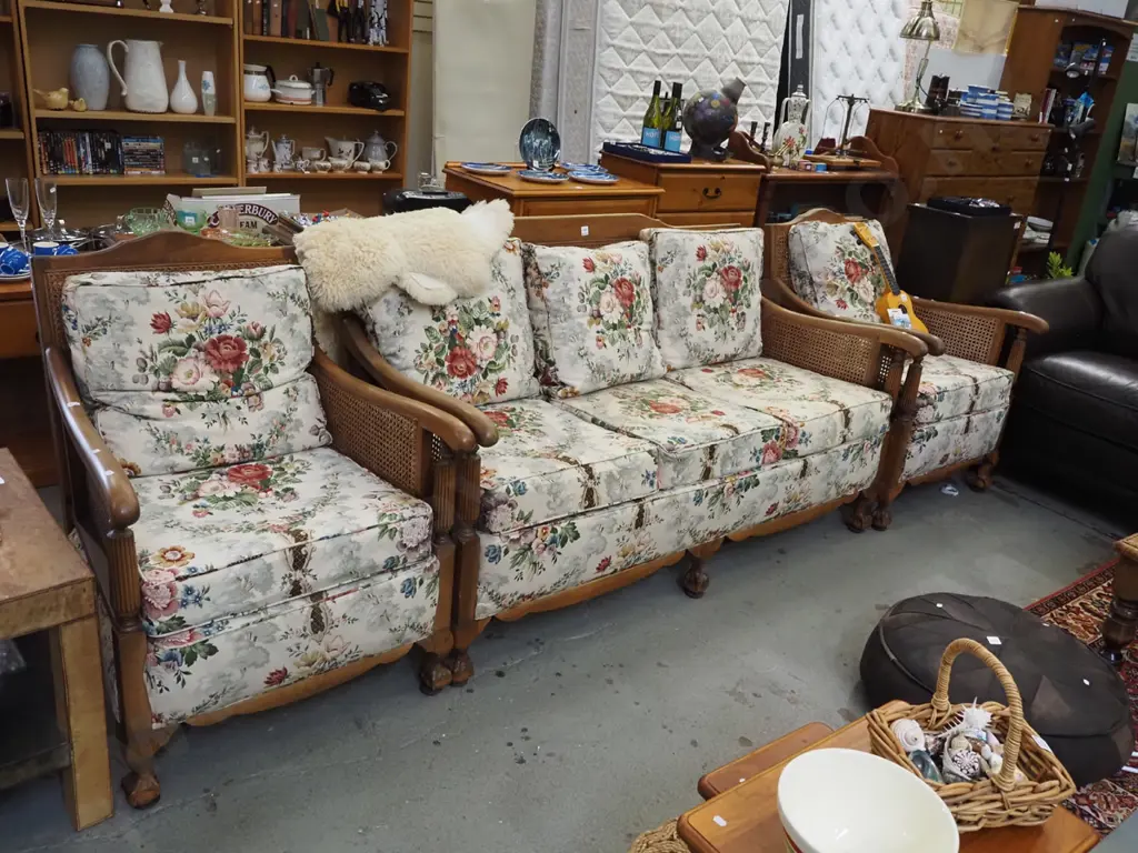 3 piece bergere lounge suite with floral upholstery - some some fading to wood - cane in good condition Image 1++