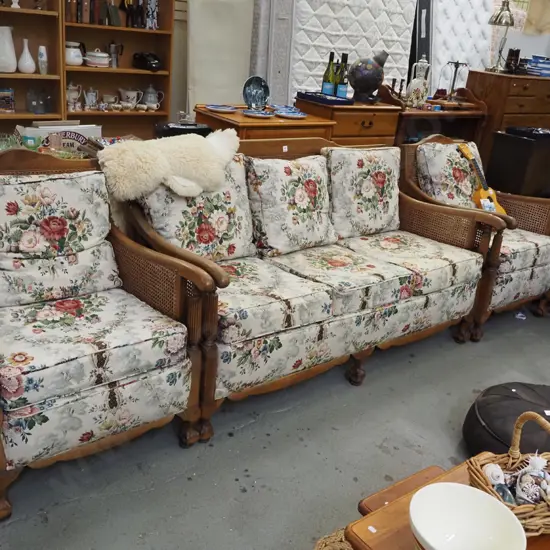 3 piece bergere lounge suite with floral upholstery - some some fading to wood - cane in good condition