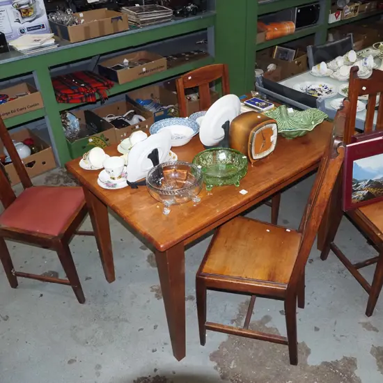 small rubberwood dining table with 4 mismatched chairs - 2x arts and craft chairs, 2x oak splat back chairs Table H765 W