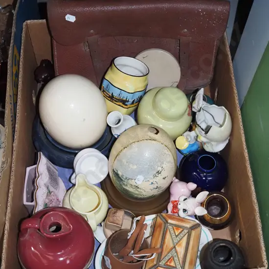box; ostrich eggs, leather satchel, vases etc