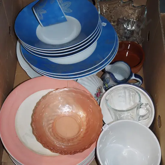 box; pink glass bowls, plates, bowls etc