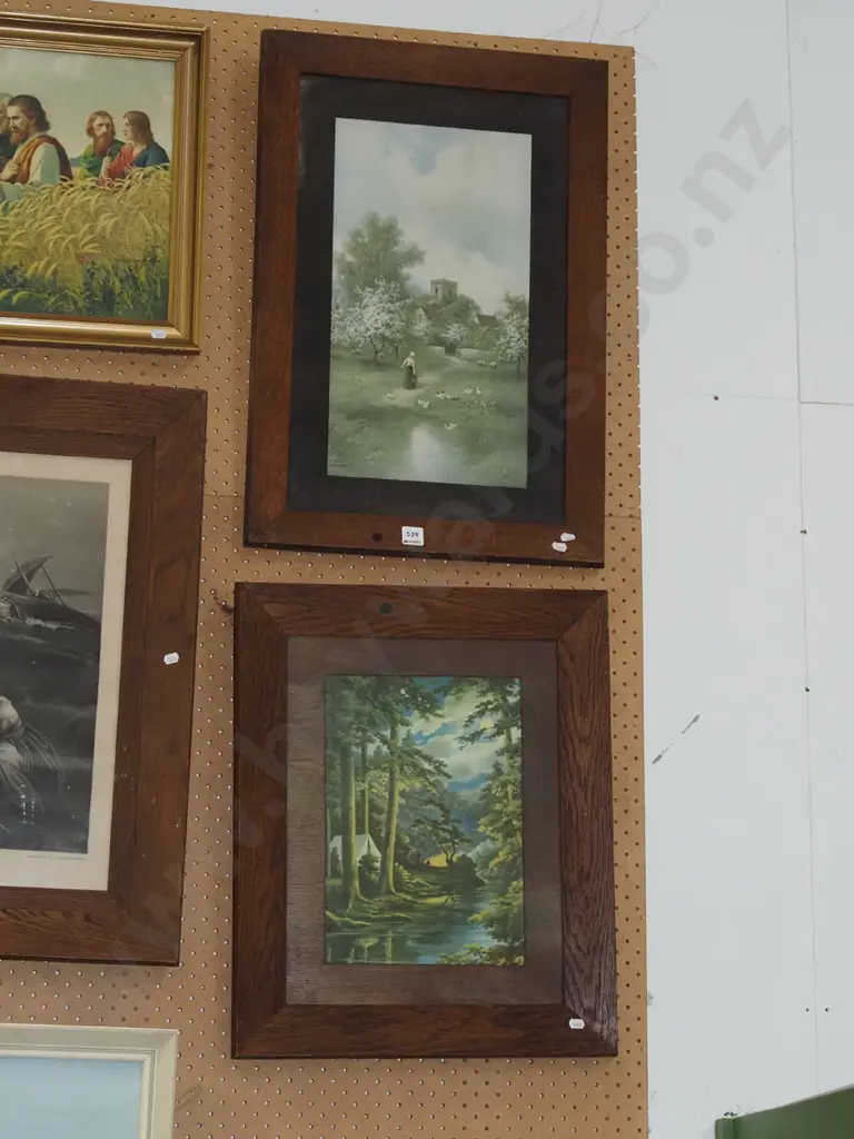 2x oak framed prints - country lane, camp site - black dots Image 1++