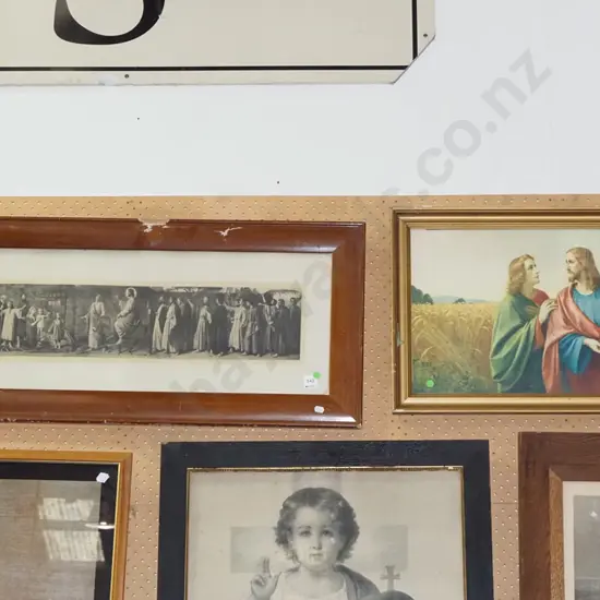 2x framed religious prints - Jesus in wheat field, Jesus on donkey - damage to frame - green dots