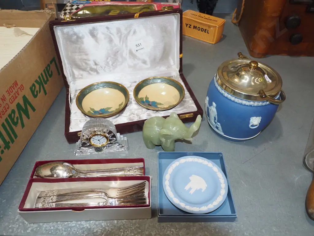 allsorts; jasperware ice bucket, carved stone elephant, 2x brass bowls etc Image 1++