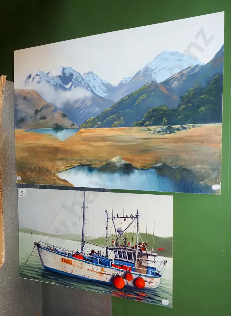 2x oil on board - lake and mountain scene, fishing boat Image 1++