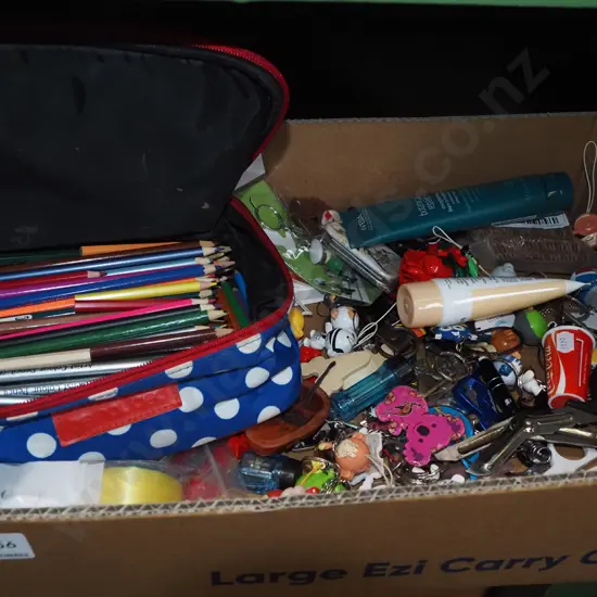 box; various toys, hand creams, coloured pencils etc