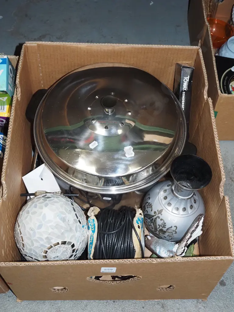 box; large lidded pot, vases, roll of cable etc Image 1++