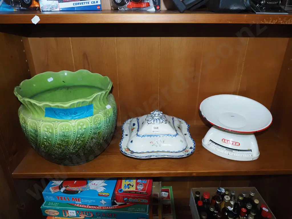 large green jardiniere - cracks H240, cover dish, vintage Salter scales  Image 1++