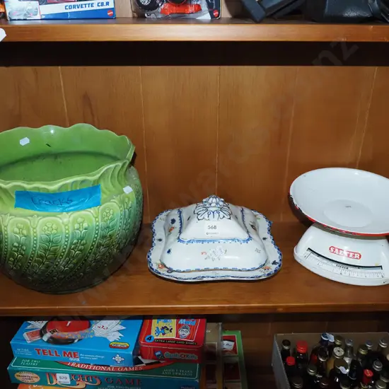 large green jardiniere - cracks H240, cover dish, vintage Salter scales 