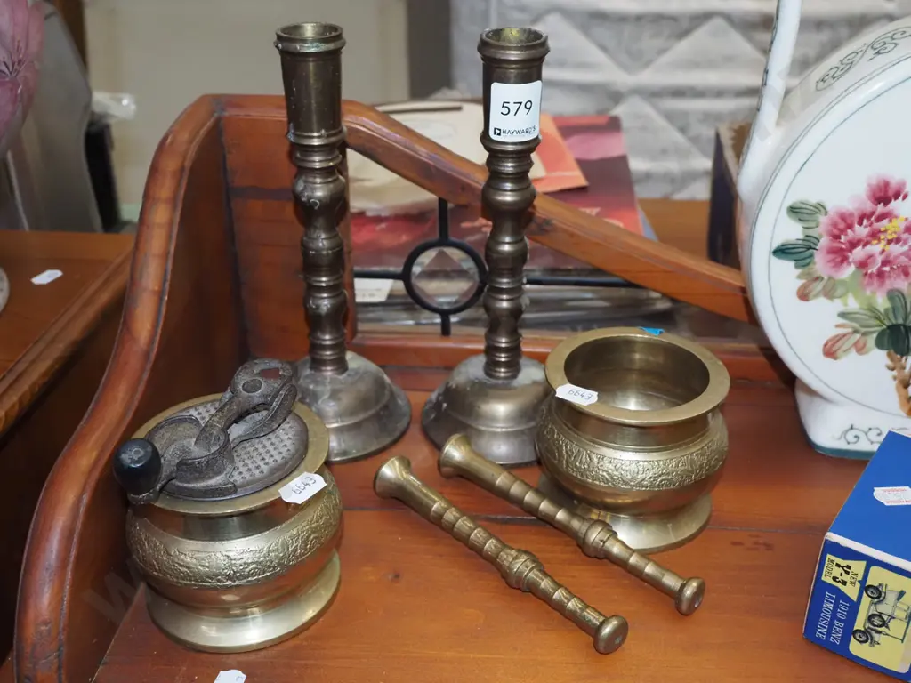 2x brass candlesticks, knife rests etc Image 1++