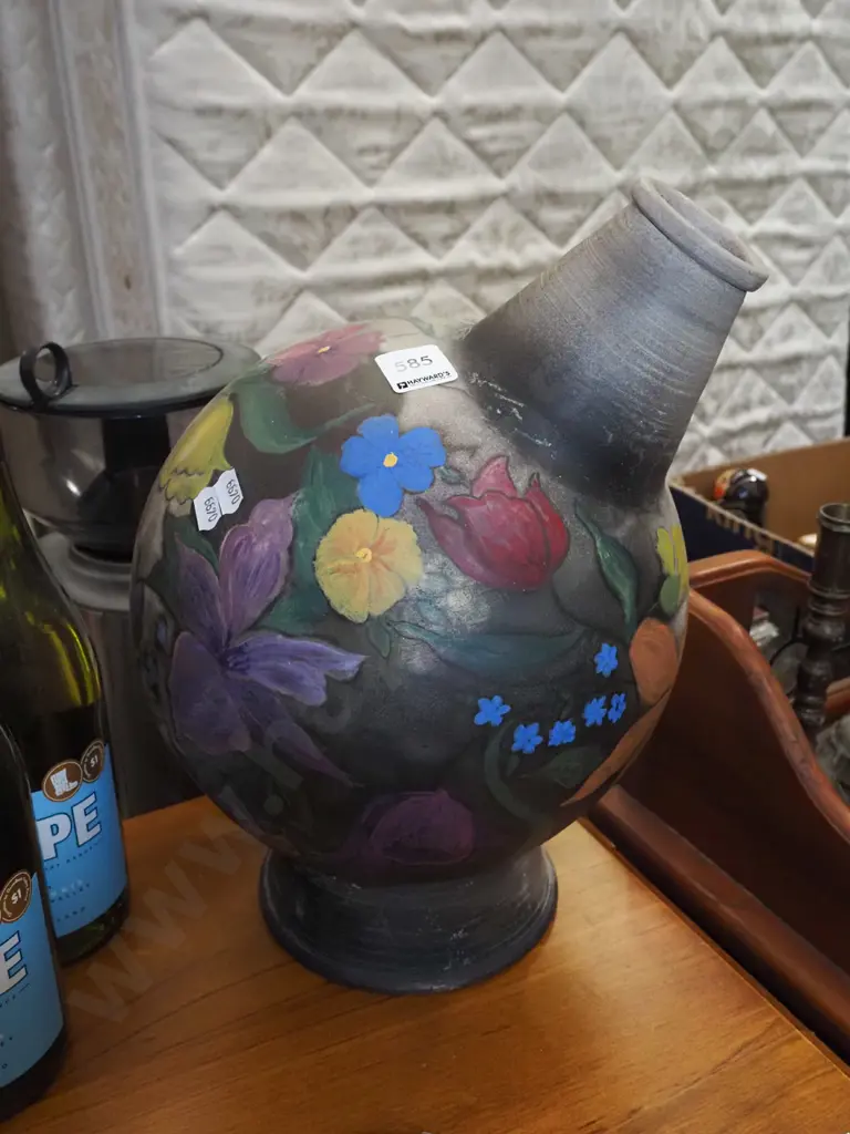 unusual NZ studio pottery hand painted floral vase H350 Image 1++