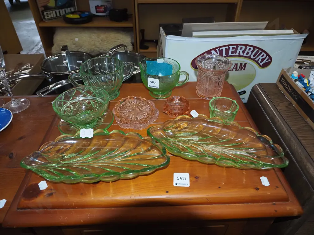 assorted green and pink glass items, - 1 etched uranium creamer has chip Image 1++