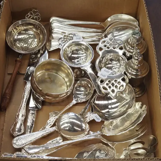box of plated ware; salad servers, tea strainers, fiddle spoons etc