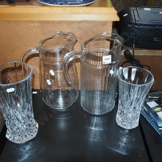 2x water jugs, 2x cut crystal vases
