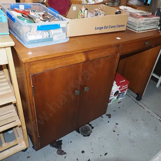 solid pine 2 door 1 drawer desk on casters H820 W1185 D470