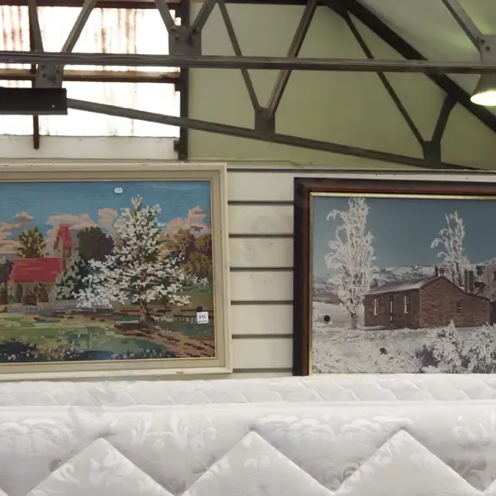 framed photo print - stine cottage in snow, framed needlework - black dots