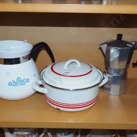 enamel jug, lidded cassareole, stove top espresso maker