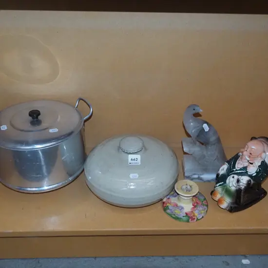candlestick, figurines, stoneware hot water bottle, part steamer