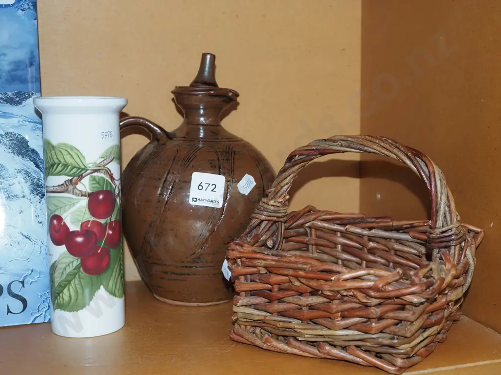 Portmeirion vase, small glass basket, pottery stoppered jug Image 1++