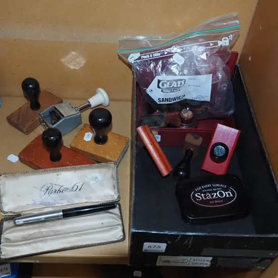box; rubber stamps, pens, inks