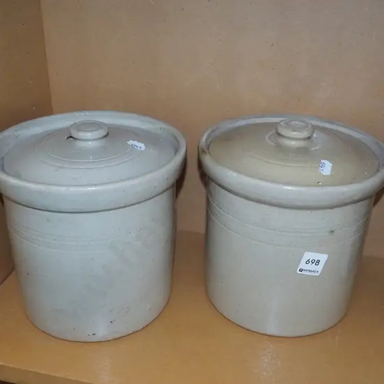 2x stoneware lidded crocks H210