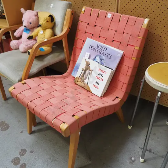 mid century wood and woven belt reception chair