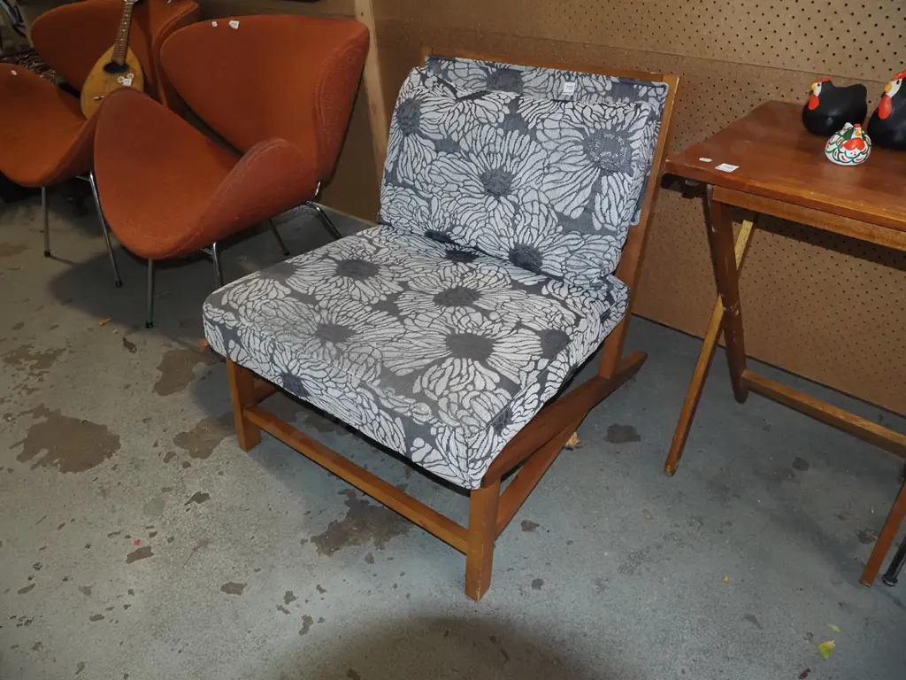 wood and floral low seated reception chaiir - fading to upholstery Image 1++