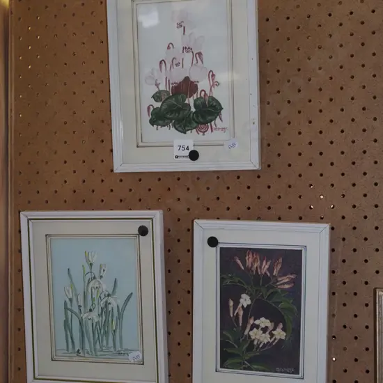 3x framed watercolours - flowers - black dots