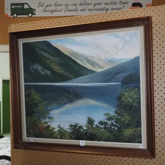 framed oil Ernest J Hill - lake and valley scene