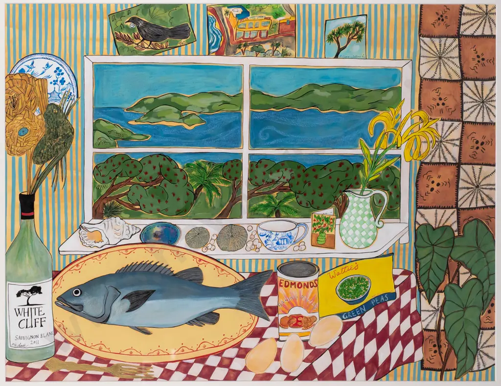 Pia Davie 2012 -- framed acrylic pencil & ink on paper "Fish Pie" H-540 W-740 Image 1++