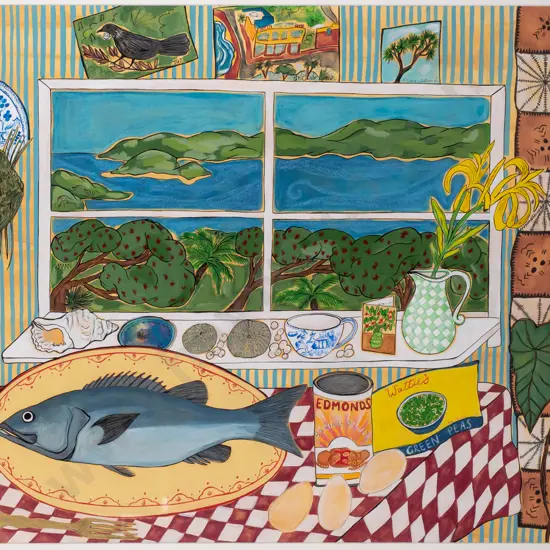 Pia Davie 2012 -- framed acrylic pencil & ink on paper "Fish Pie" H-540 W-740