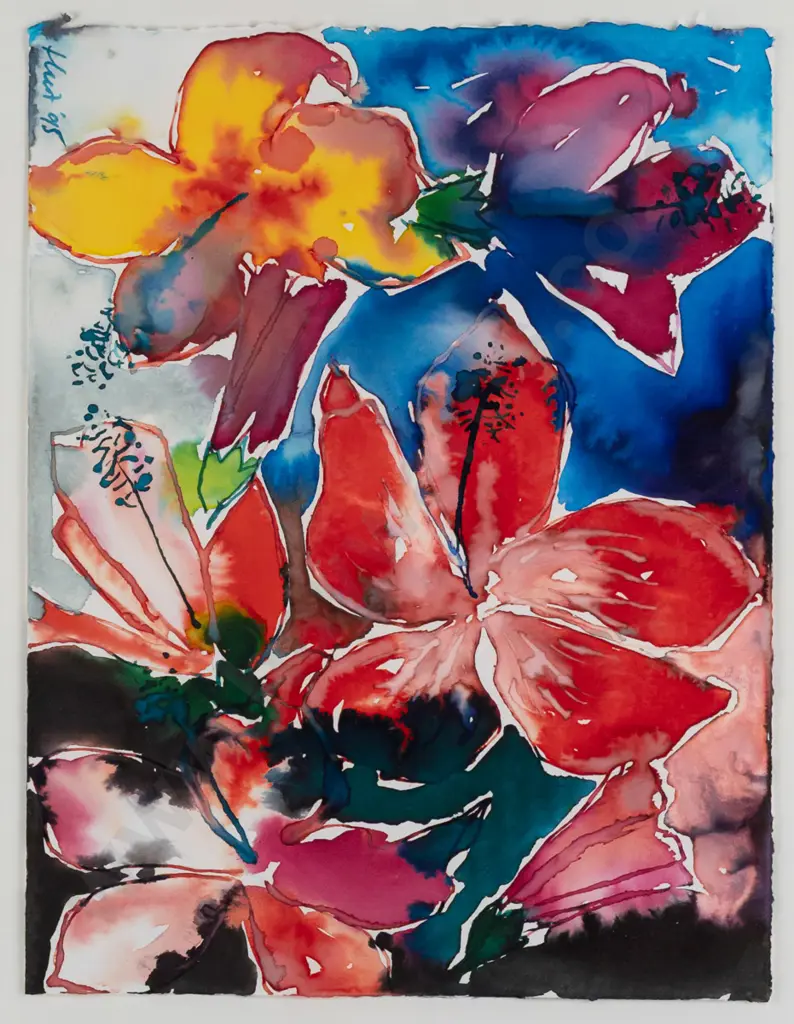 Mark Huit -- framed ink and wash on paper, hibiscus flowers, H-310 W-240 Image 1++