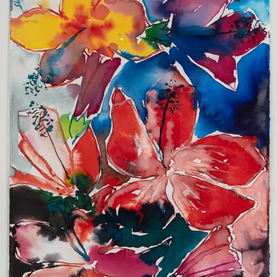 Mark Huit -- framed ink and wash on paper, hibiscus flowers, H-310 W-240