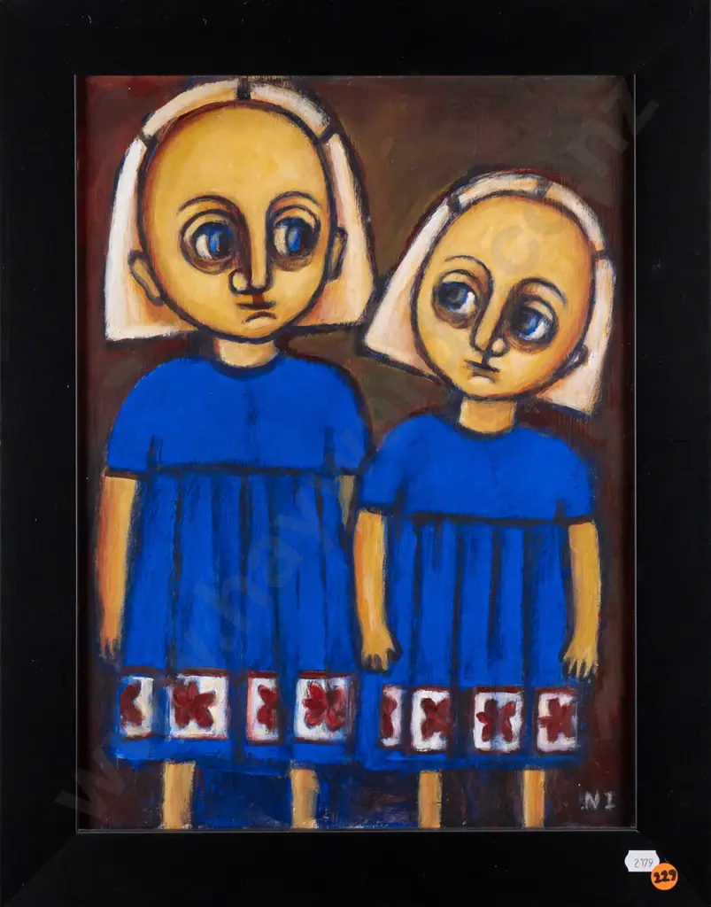 Nyree Ingle -- framed acrylic on board, two girls in blue frocks, H-395 W-290 Image 1++
