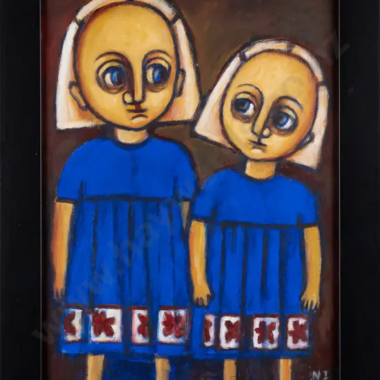 Nyree Ingle -- framed acrylic on board, two girls in blue frocks, H-395 W-290