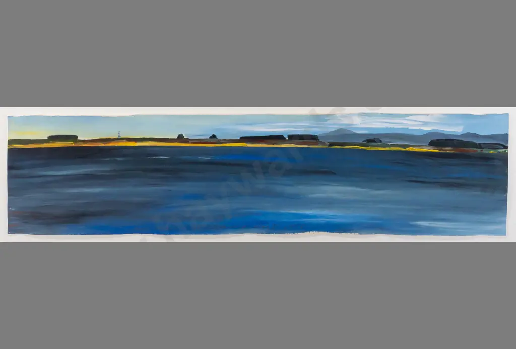 Janet de Wagt 1998 -- framed acrylic on paper "From Awarua Bay" H-245 W-1275 [small loss of gilding to corners & Image 1++
