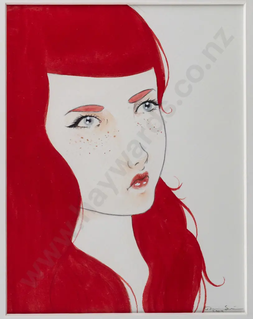 Illegible signature 2009 -- framed pencil & gouache on paper, portrait of red-haired woman, H-185 W-145 Image 1++
