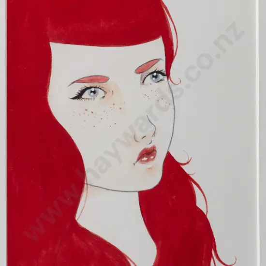 Illegible signature 2009 -- framed pencil & gouache on paper, portrait of red-haired woman, H-185 W-145