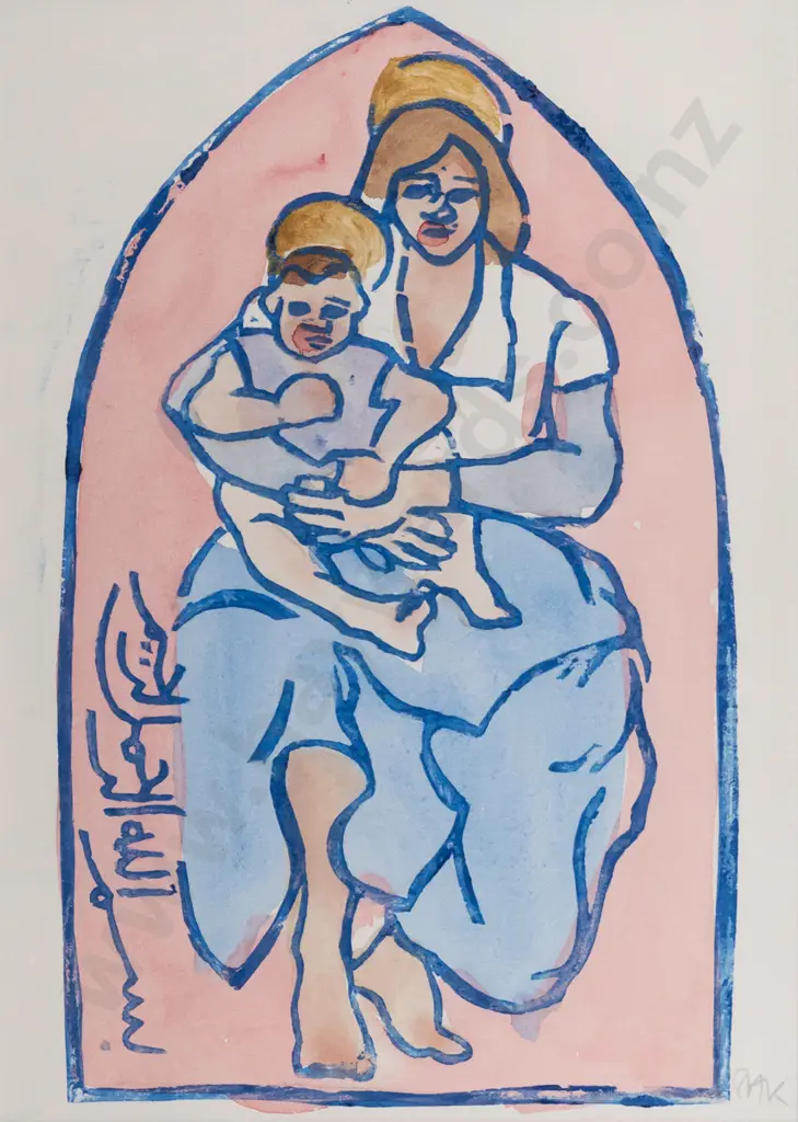 Illegible signature -- framed hand-coloured linocut, Madonna and Child, H-255 W-180 Image 1++