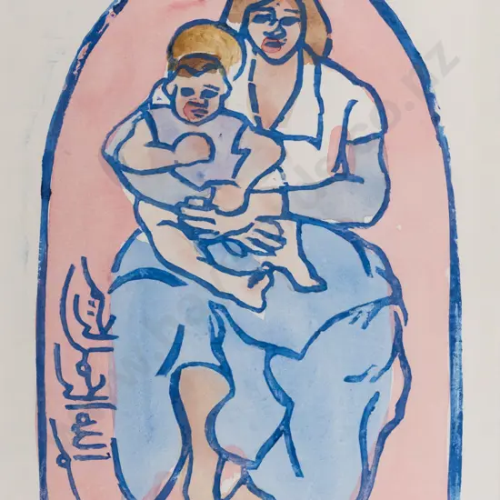 Illegible signature -- framed hand-coloured linocut, Madonna and Child, H-255 W-180