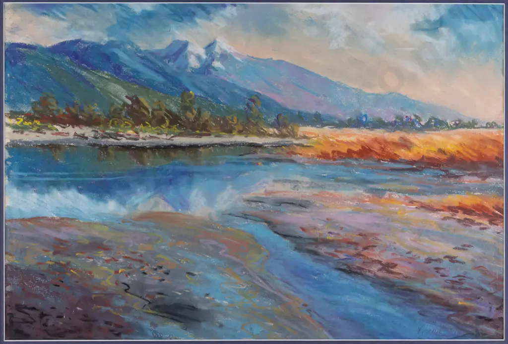Yvonne McMahon 1989 -- framed pastel on paper "Mt Cook from Southside -- Hokitika River" H-375 W-555 Image 1++