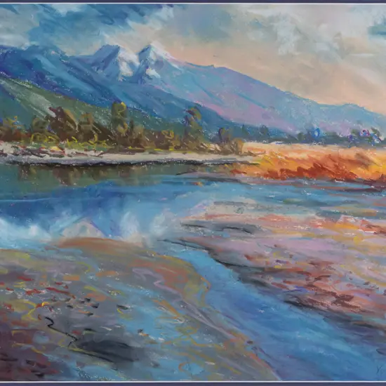 Yvonne McMahon 1989 -- framed pastel on paper "Mt Cook from Southside -- Hokitika River" H-375 W-555