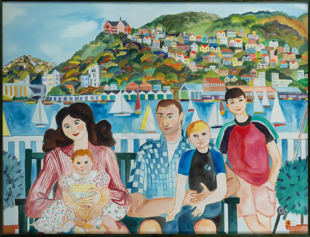 Pamela Brown 2002 -- framed watercolour on paper, family portrait, H-550 W-745 Image 1++