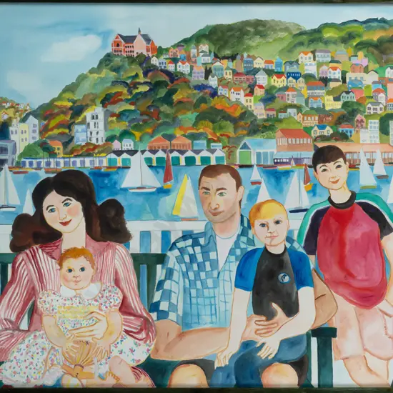 Pamela Brown 2002 -- framed watercolour on paper, family portrait, H-550 W-745